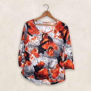 New One World Small‎ S Black Cat Pumpkin Halloween Fall Spooky Hi Low Top Shirt